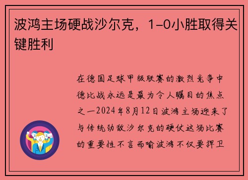 波鸿主场硬战沙尔克，1-0小胜取得关键胜利