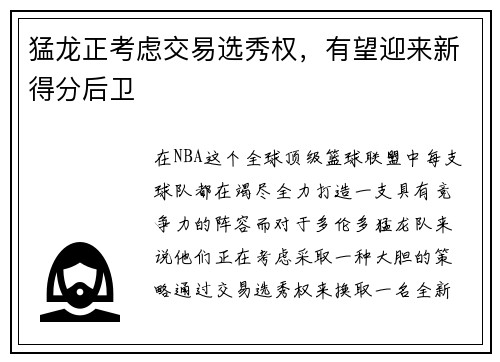 猛龙正考虑交易选秀权，有望迎来新得分后卫